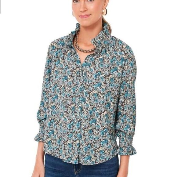 Tuckernuck Robin's Egg Floral Schuyler Blouse sz Medium - Picture 1 of 4